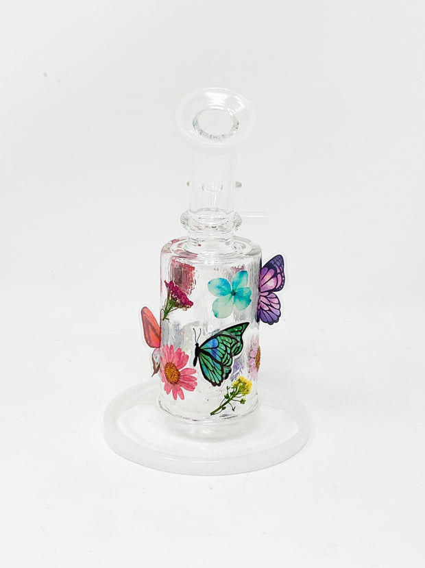 Rainbow Floral Butterflies Bent Neck Glass Water Hand Pipe/Dab Rig