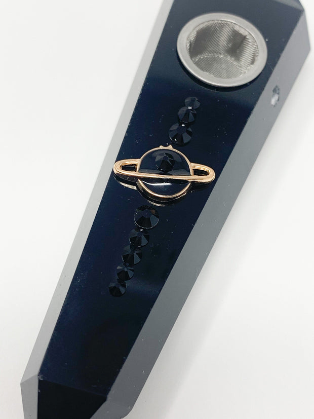 Black Obsidian Crystal Hand Pipe Saturn Swarovski