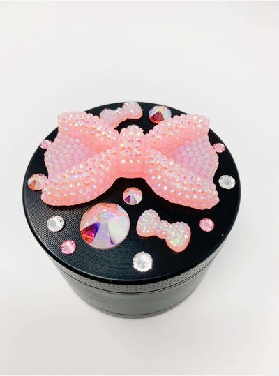 Herb Grinder Pink Bow Swarovski Crystal Custom Spice Grinder 4 Piece 55mm W/ Cleaning Tool