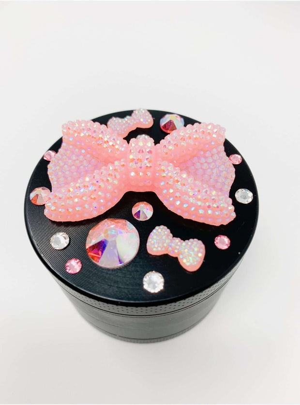 Herb Grinder Pink Bow Swarovski Crystal Custom Spice Grinder 4 Piece 55mm W/ Cleaning Tool