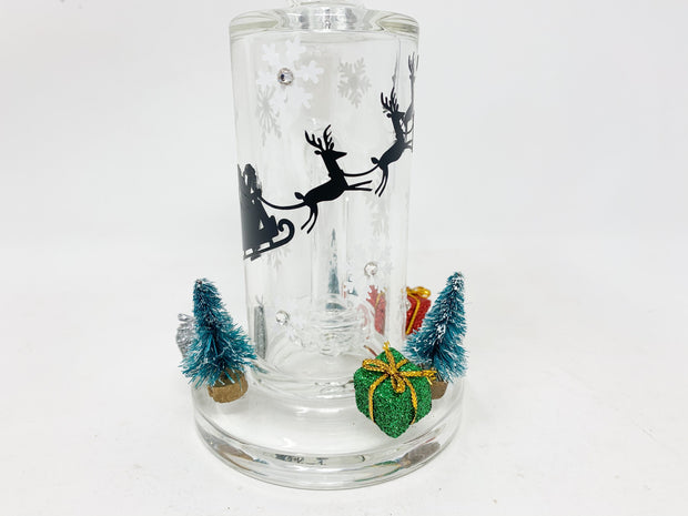 Santa’s Sled Snowflake Christmas 8in Bent Neck Glass Water Hand Pipe/Dab Rig