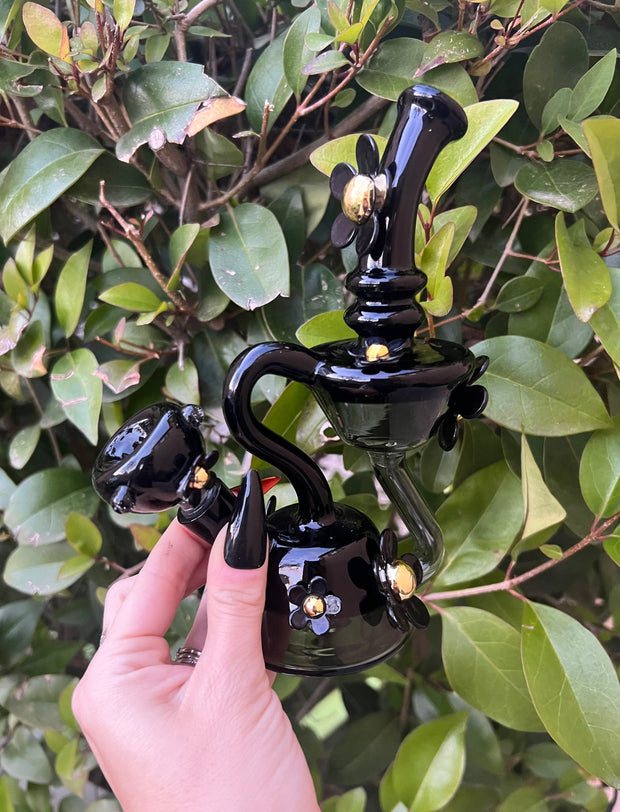 Black and Gold Daisy Recycler Glass Water Pipe/Dab Rig