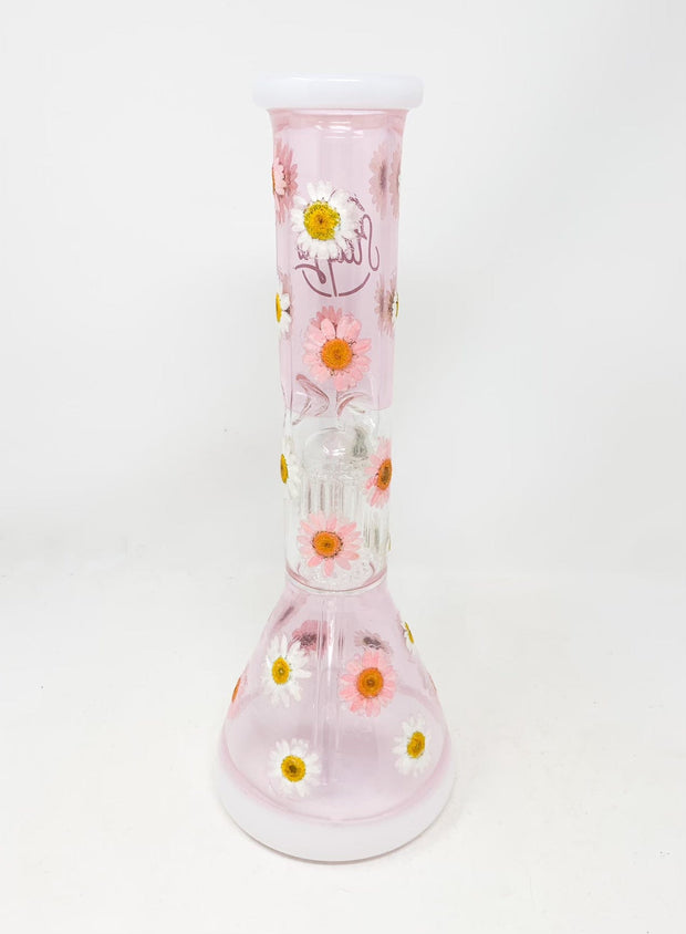 Pink White Daisies Dried Floral 14in Beaker Glass Water Pipe/Bong