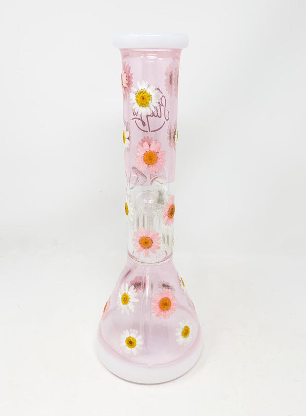 Pink White Daisies Dried Floral 14in Beaker Glass Water Pipe/Bong