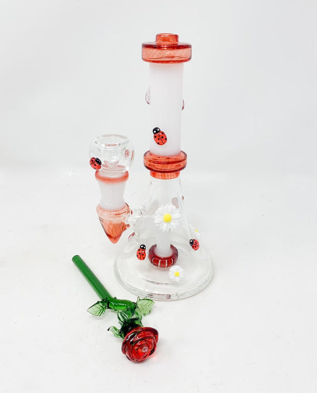 Red Ladybug Daisies Straight Neck Glass Water Pipe/Rig