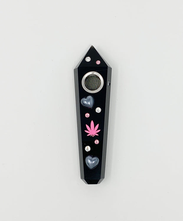 Black Obsidian Crystal Hand Pipe Pink Leaf Swarovski