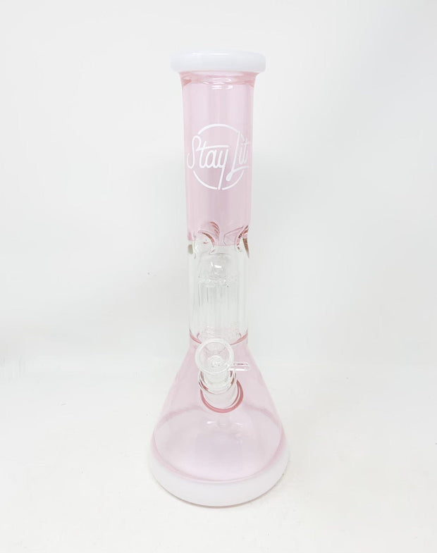 StayLit Pink White 14in Beaker Glass Water Pipe/Bong