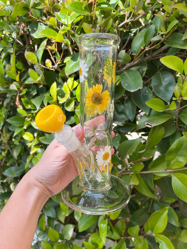 Sunflower Dried Floral 10in Tube Glass Water Pipe/Bong