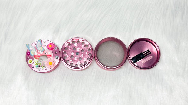 Pink Mushroom Butterfly Grinder Swarovski Crystal Spice Grinder 4 Piece 55mm W/ Cleaning Tool