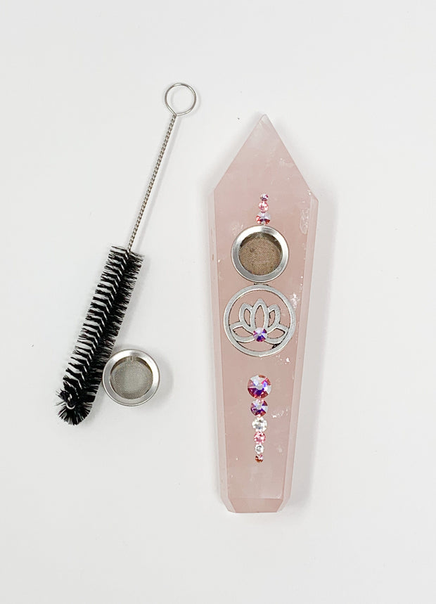 Rose Quartz Crystal Hand Pipe Lotus Flower