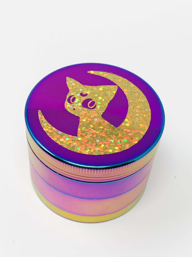 Rainbow Herb Grinder Gold Holographic Cat 4 Piece 55mm W/ Cleaning Tool