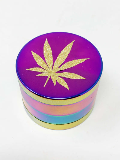 Rainbow Herb Grinder Gold Weed Leaf Glitter Custom 4 Piece 55mm W/ Cleaning Tool