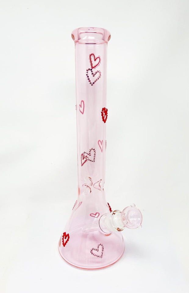 Pretty In Pink Red Crystal Hearts 16in Glass Water Pipe/Bong