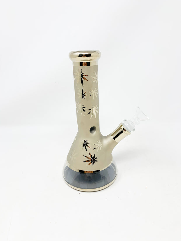 Gold Metallic Weed Leaves Beaker Glass Water Pipe 8.5in Bong