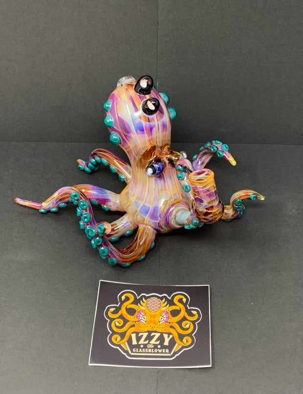 Izzy The Glassblower Amber Purple Octopus Heady Glass Water Pipe/Dab Rig