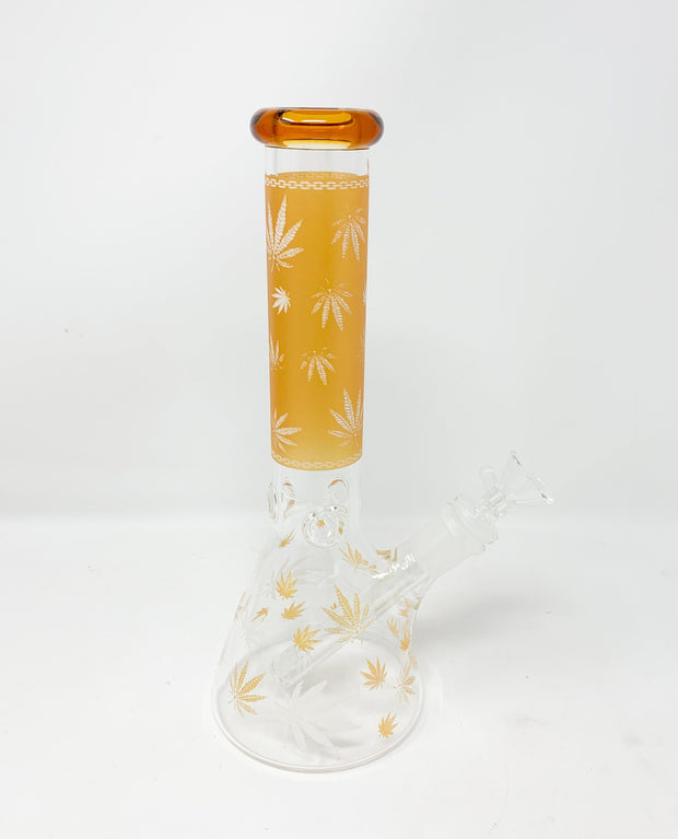 Glow In The Dark Gold Weed Leaves Beaker Glass Water Pipe/Bong