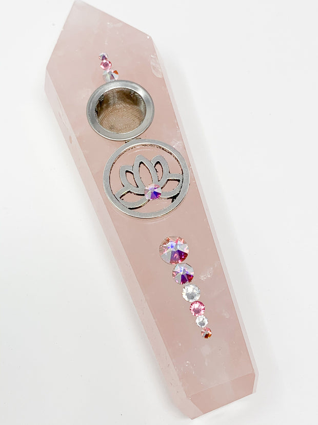 Rose Quartz Crystal Hand Pipe Lotus Flower