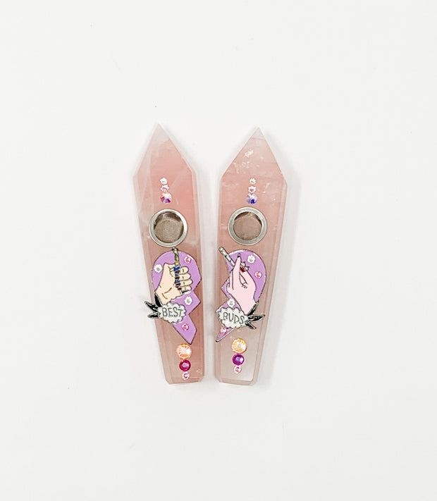 Pink Rose Quartz Crystal Hand Pipe Best Buds Set