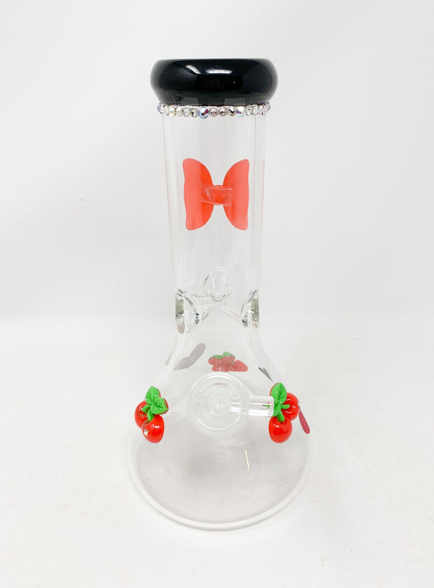 StayLit Cherries Red Bow Crystal 10in Beaker Glass Water Pipe/Bong