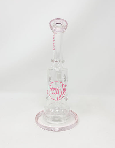 StayLit Pink Glitter Weed Leaf and Crystal 8.5in Bent Neck Glass Water Hand Pipe