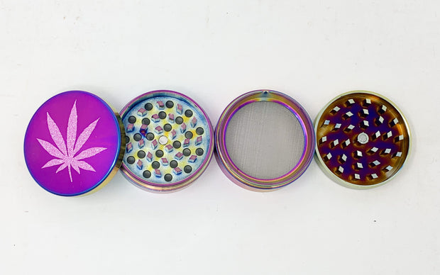 Rainbow Herb Grinder Pink Weed Leaf Glitter Custom 4 Piece 55mm W/ Cleaning Tool