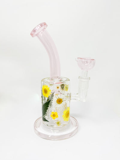 Pink StayLit Dried Flowers 9in Bent Neck Glass Water Hand Pipe/Dab Rig
