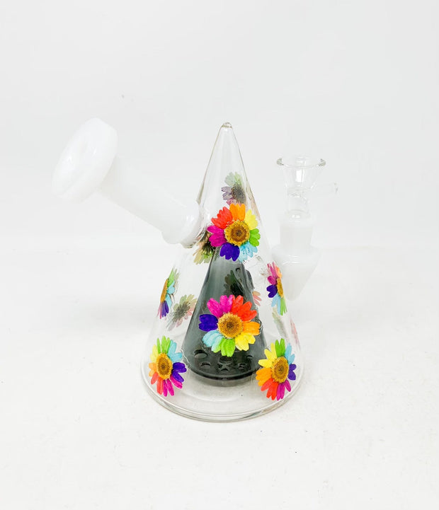 Rainbow Daisy Dried Floral Pyramid Honeycomb Perc Glass Water Hand Pipe/Dab Rig