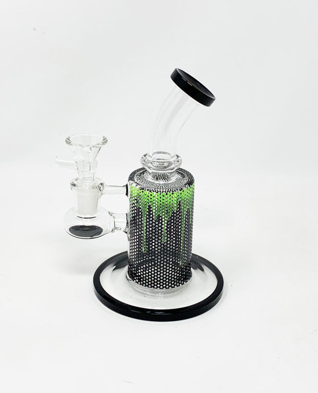 Green Slime Drip Perforated Vinyl 6.5in Bent Neck Glass Water Hand Pipe/Dab Rig