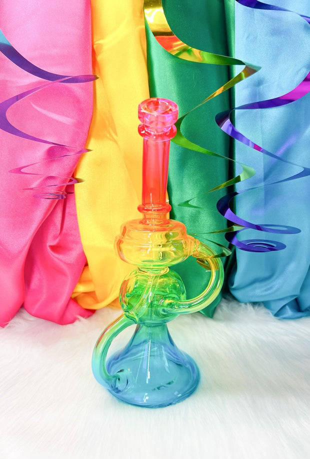 Neon Lights Rainbow Recycler Glass Water Pipe/Dab Rig Set