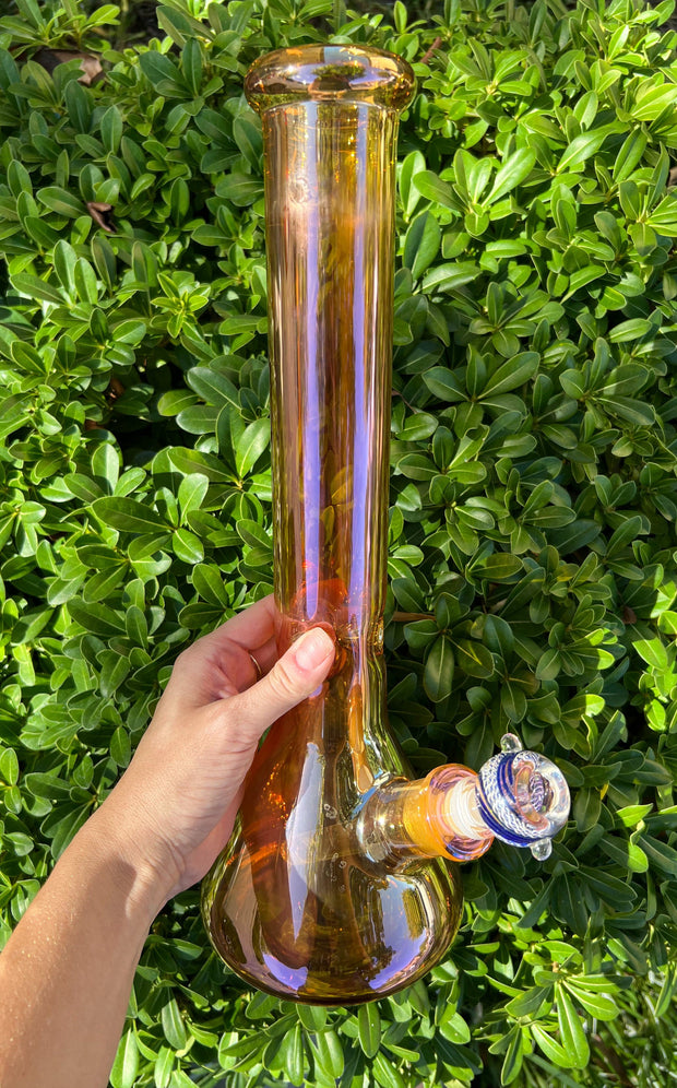 Iridescent Amber 14in Beaker Glass Water Pipe/Bong