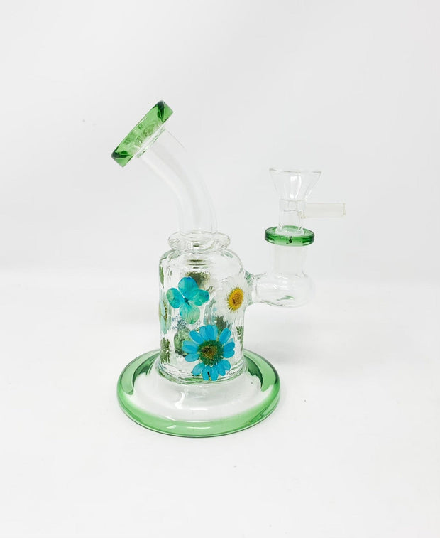 Green Dried Flowers Bent Neck Glass Water Hand Pipe/Dab Rig
