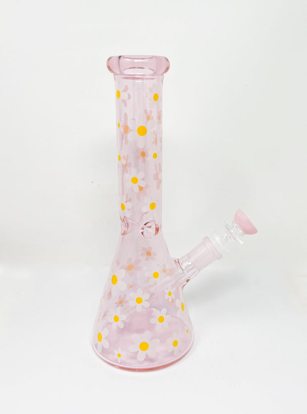 Retro Pink Daisies Glass Water Pipe/Bong