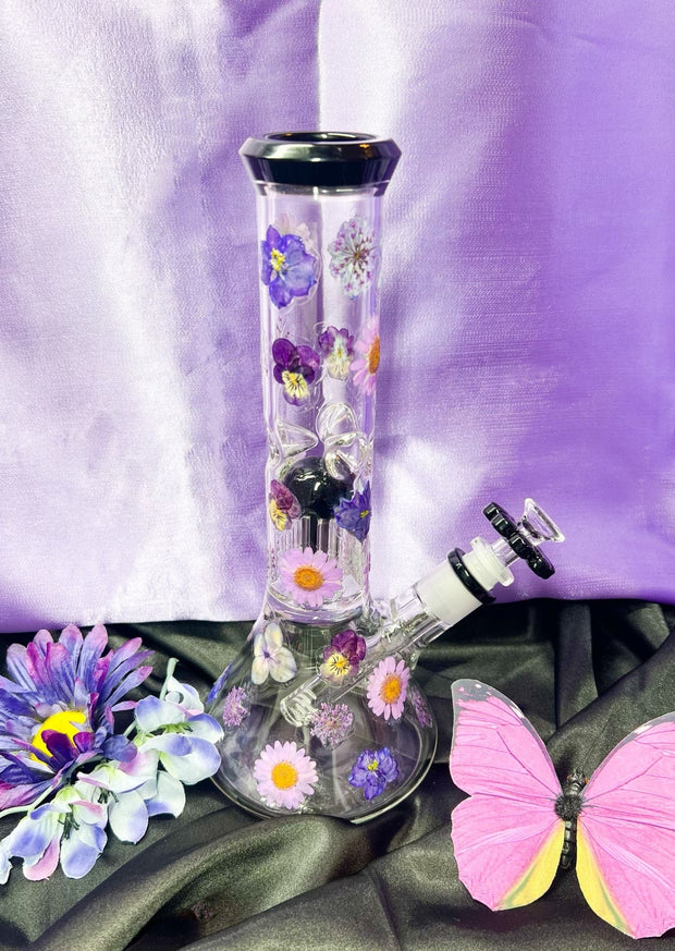 Purple Dried Floral 10 Inch Glass Water Pipe/Bong
