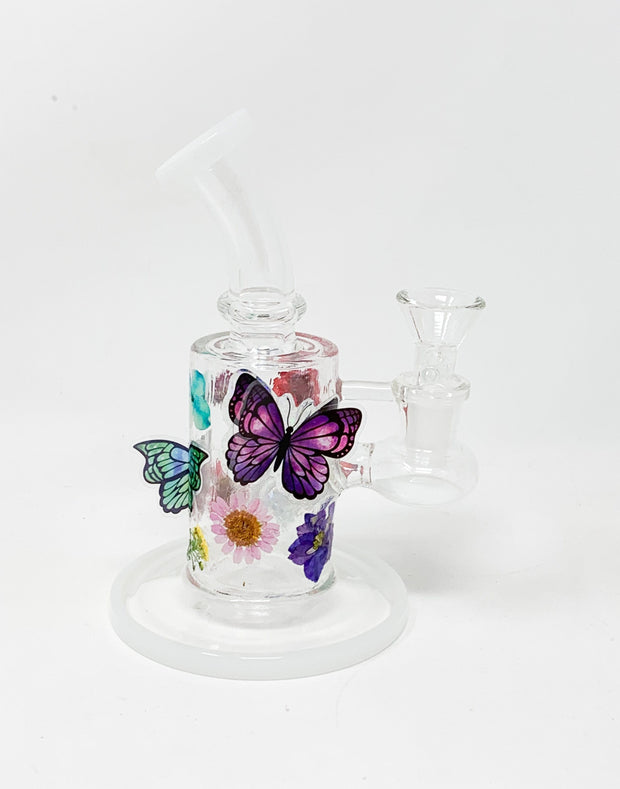Rainbow Floral Butterflies Bent Neck Glass Water Hand Pipe/Dab Rig