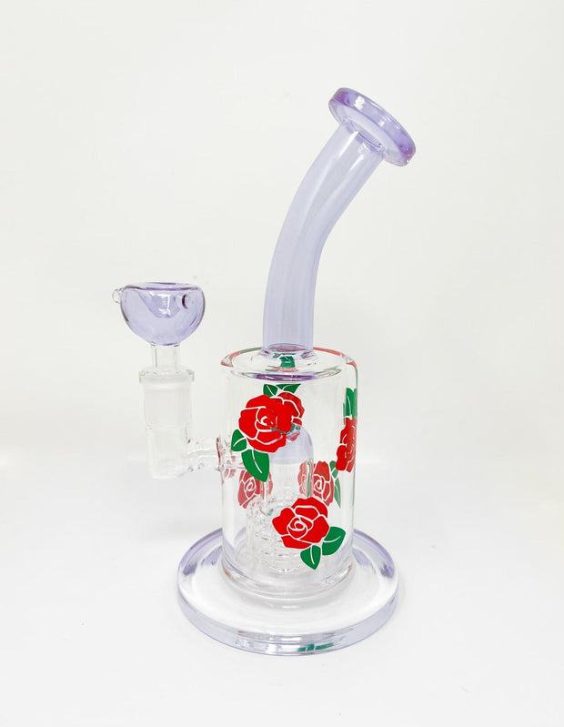 Pink Roses Bent Neck Glass Water Hand Pipe/Dab Rig