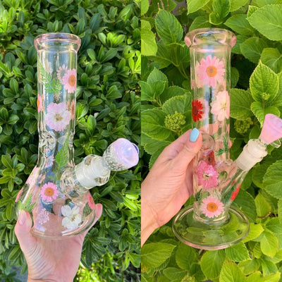 Pink Dried Floral 10in Glass Water Pipe/Bong