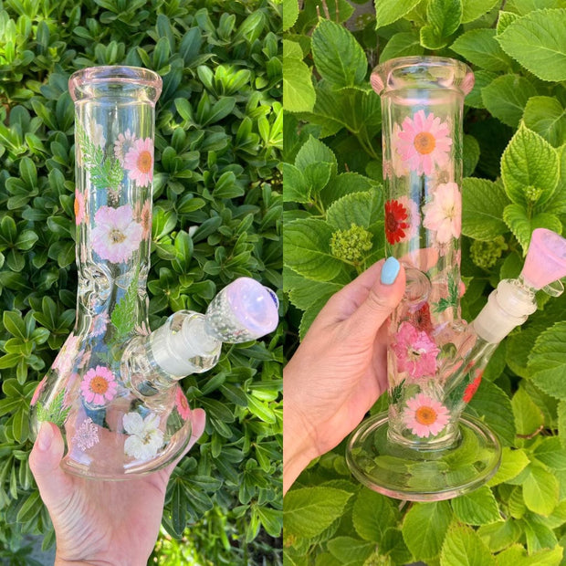 Pink Dried Floral 10in Glass Water Pipe/Bong