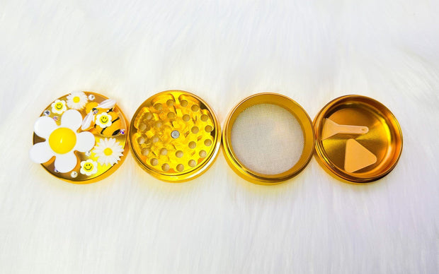 Gold Bee Daisy Grinder Swarovski Crystal Spice Grinder 4 Piece 55mm W/ Cleaning Tool