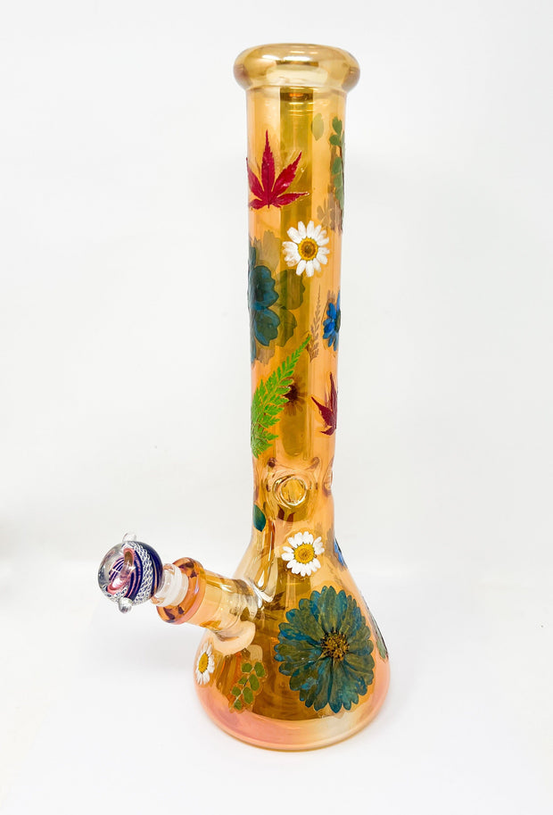 Iridescent Amber Dried Floral 14in Beaker Glass Water Pipe/Bong