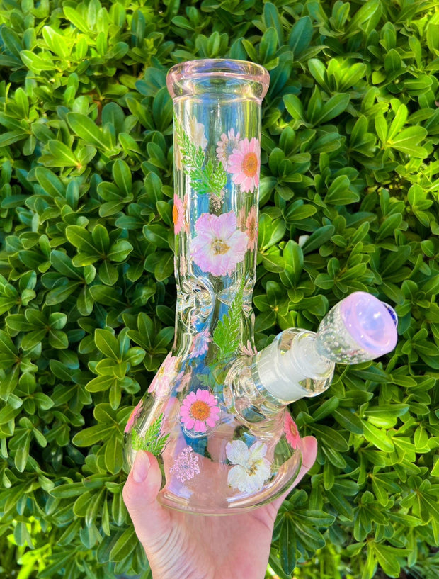 Pink Dried Floral 10in Glass Water Pipe/Bong