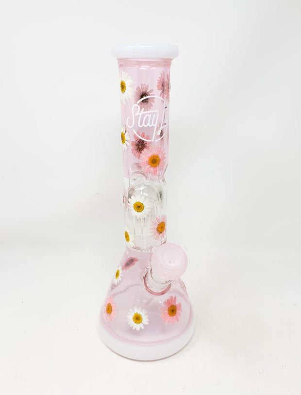 Pink White Daisies Dried Floral 14in Beaker Glass Water Pipe/Bong