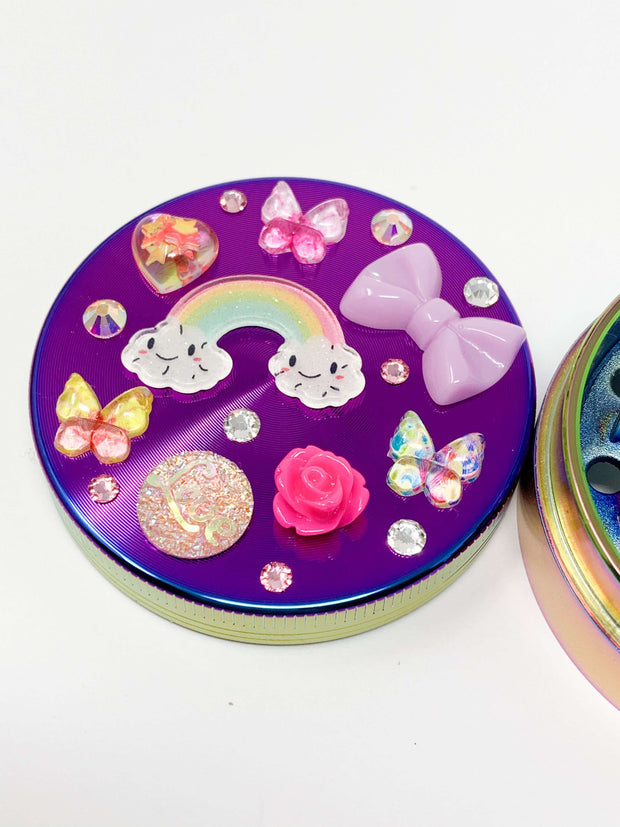 Rainbow Herb Grinder Butterflies Roses Swarovski Crystal Custom 4 Piece 55mm W/ Cleaning Tool