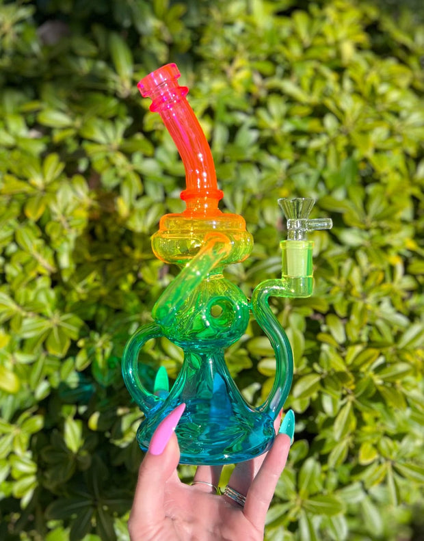 Neon Lights Rainbow Recycler Glass Water Pipe/Dab Rig Set
