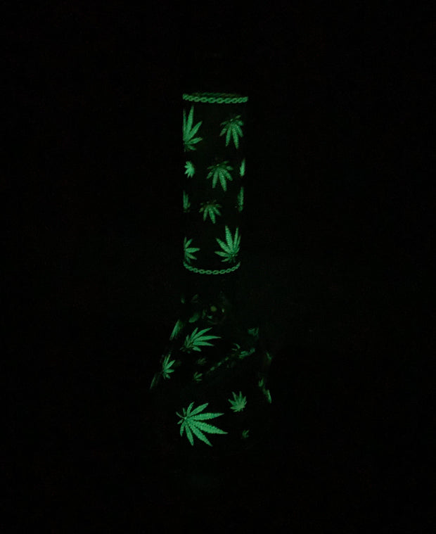 Glow In The Dark Gold Weed Leaves Beaker Glass Water Pipe/Bong
