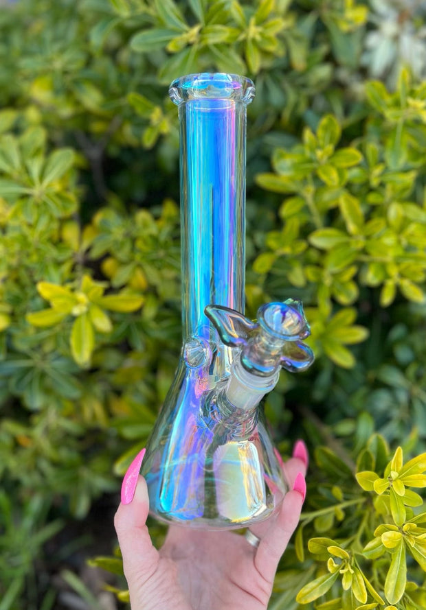 Iridescent Butterfly 8in Glass Water Pipe/Bong