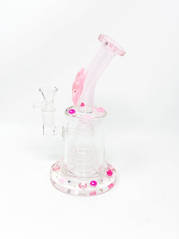 Pink StayLit Pink Bow Swarovski Crystal Pearls 8.5in Bent Neck Glass Water Hand Pipe/Dab Rig