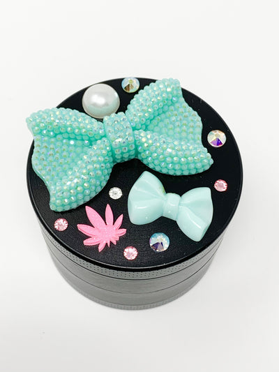 Herb Grinder Teal Bows Weed Leaves Swarovski Crystals Weed Grinder 4 Piece 55mm W/ Cleaning Tool
