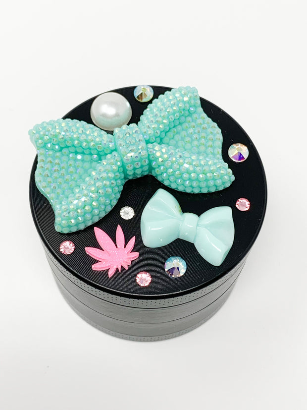 Herb Grinder Teal Bows Weed Leaves Swarovski Crystals Weed Grinder 4 Piece 55mm W/ Cleaning Tool