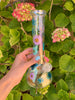 Iridescent Purple and Blue Flowers 8in Beaker Glass Water Pipe/Bong