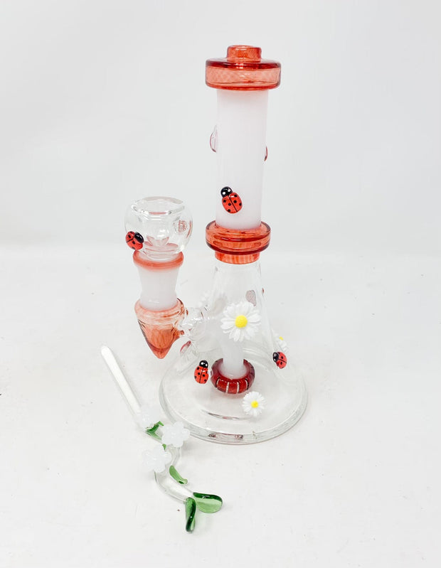 Red Ladybug Daisies Straight Neck Glass Water Pipe/Rig